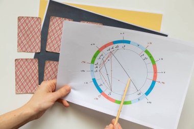 Natal çizelge ve kehanet kartları bir kızın elinde, astroloji ve falcı, astrolog.