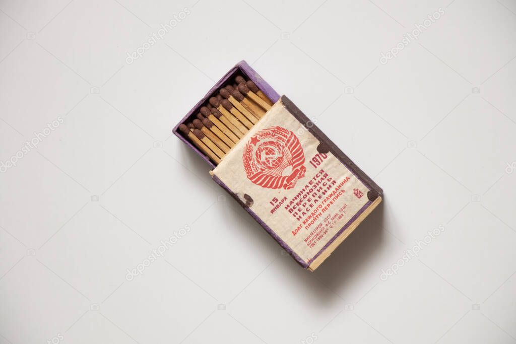 Ukraine Dnepr 20.02.2022 - Old Soviet matches in a wooden box on January 15, 1970 with the hammer and sickle coat of arms, old vintage collection