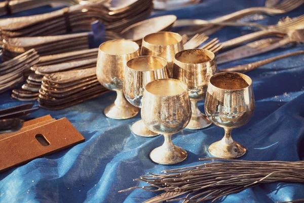 Silver glasses and forks old antique, silverware antiques — Stock Photo, Image