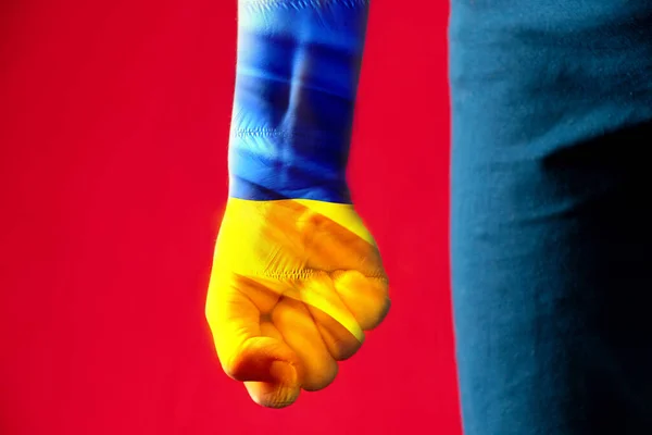 Flagga Ukraina Gul Blå Knytnäven Flickas Hand Isolerad Bakgrund Stoppa — Stockfoto