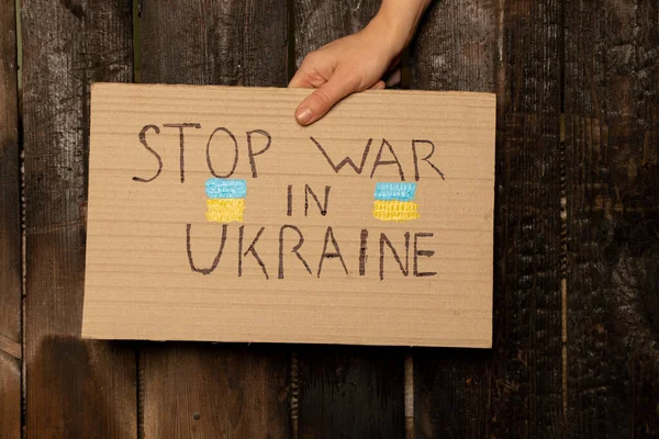 Stoppa Kriget Ukraina Skrivet Ett Tecken Att Kvinna Håller Sina — Stockfoto