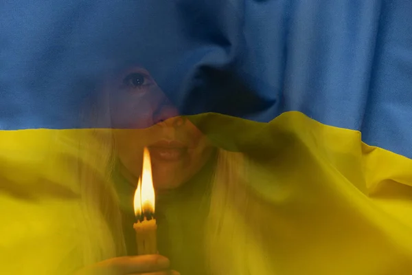 Stop War Ukraine Girl Candle Her Hands Pray Background Flag — Stock Photo, Image