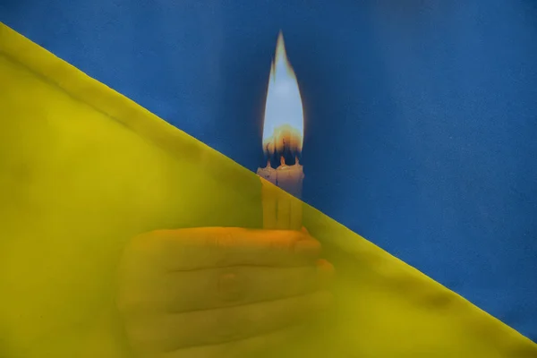 Stop War Ukraine Girl Candle Her Hands Prays Background Flag — Stock Photo, Image
