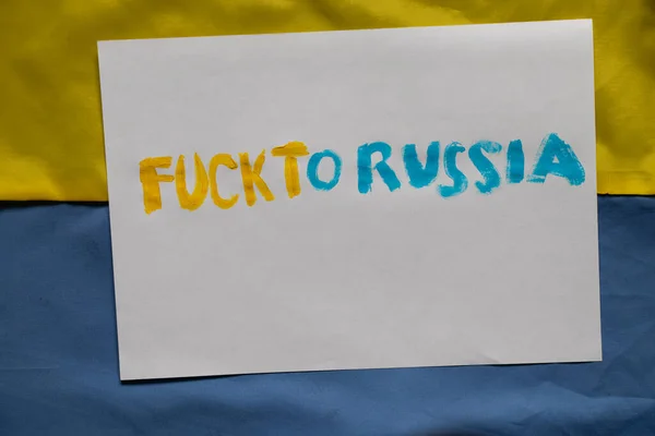 Fuck Russia Written Written Yellow Blue Colors Paper Slogan Protest — Foto Stock