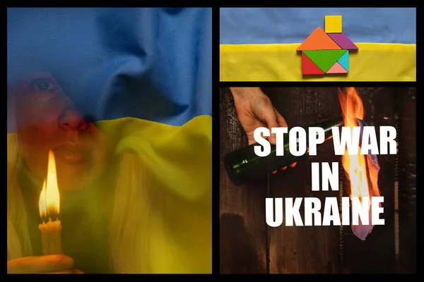 Девушка Молится Фоне Государственного Флага Герба Украины Мира Украине Военного — стоковое фото
