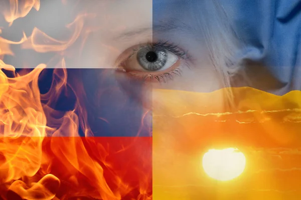 The flag of Russia is on fire and the flag of Ukraine against the backdrop of dawn in and the look of the girl, the war between Russia and peaceful Ukraine, the light will defeat the darkness, stop the war in Ukraine