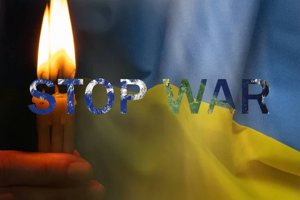 Жіноча Рука Тримає Свічки Фоні Прапора України Напис Зупиняє Війну — стокове фото
