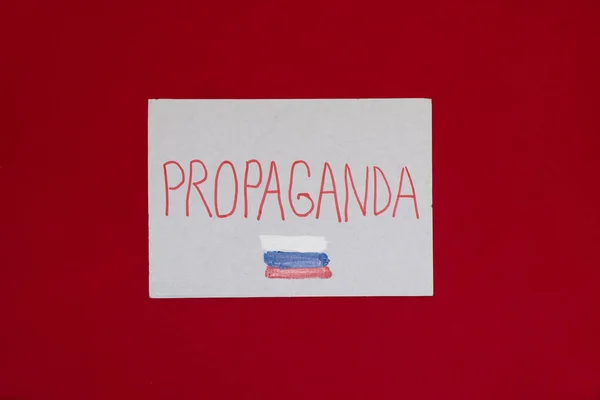 Paper Signs Slogans Propaganda Russian Flag Red Background Protest Action — стокове фото