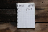 Notepad s textem z let2021 a2022. Plány na rok 2022 ve válce na Ukrajině. Všechny jednotky k vítězství ve válce 2022