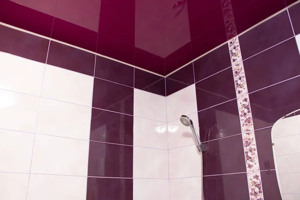 Cuarto Baño Apartamento Ucrania Con Azulejos Blanco Rojos Baño Interior —  Fotos de Stock
