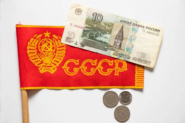 Rublos Rusos Bandera Roja Urss Sanciones Financieras Contra Rusia Colapso —  Fotos de Stock
