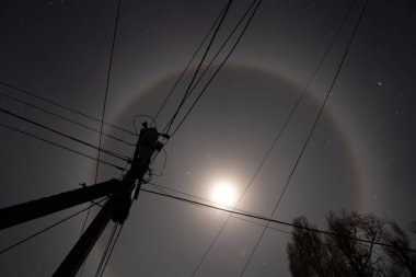 Ay 'daki halenin fenomeni Ukrayna üzerindeki bir sokak lambasının arka planında 2022' deki savaş sırasında, gece ay ışığı, ayda halo.