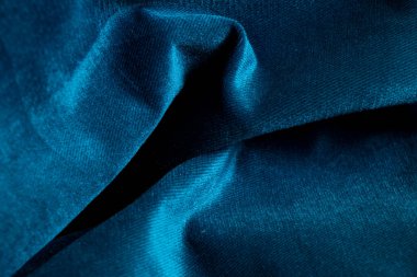 Koyu mavi buruşuk kumaş arka plan yakın plan, moda ve trendler, mavi arka plan