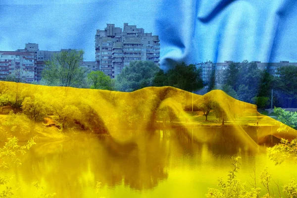 Národní Vlajka Ukrajiny Žlutomodrá Pozadí Spací Plochy Městě Dnipro Multi — Stock fotografie