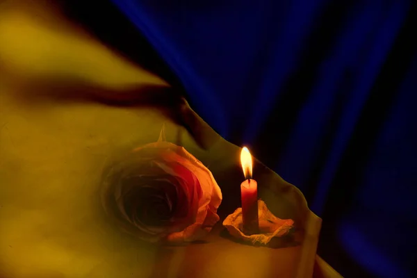 Державний Прапор України Жовто Синій Вогонь Свічки Біля Троянди Темряві — стокове фото