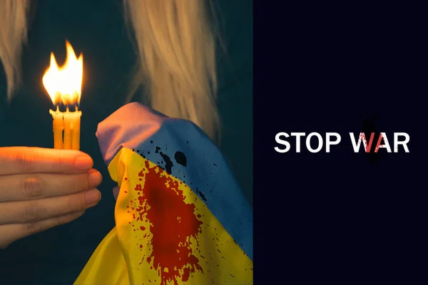 Українська Дівчина Тримає Прапор України Крові Свічки Палять Поруч Текстом — стокове фото
