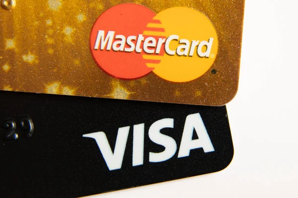 Ukraina Dnepr 2022 Visa Och Mastercard Bankkort Bredvid Ett Makrofoto — Stockfoto