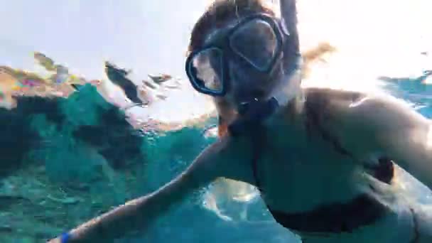 Ukraynalı Tatile Çıkmış Bir Kız Sharm Sheikh Maskeyle Altında Yüzüyor — Stok video
