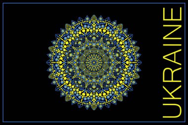 Siyah arka planda Ukrayna bayrağı renginde sarı-mavi daireler mandala, özgür ulus, doğu sanatı