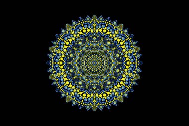 Siyah arka planda Ukrayna bayrağı renginde sarı-mavi daireler mandala, özgür ulus, doğu sanatı