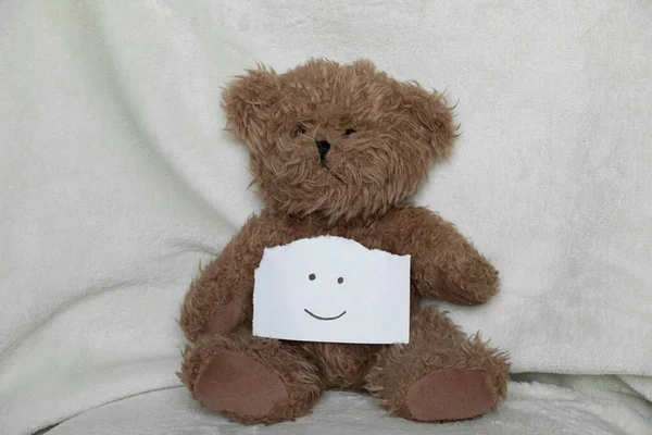 Brown Teddy Bear Drawn Smiley Paper White Background Children Toy — ストック写真