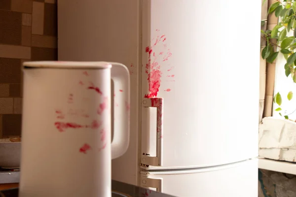 Refrigerator Blood Home Russian Marauders Steal Things Kill People Ukraine — Stock Photo, Image