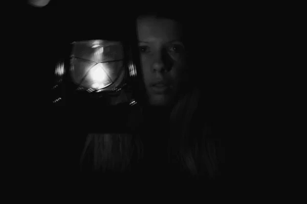 Young Ukrainian Girl Kerosene Lamp Dark Sits Home Light — ストック写真