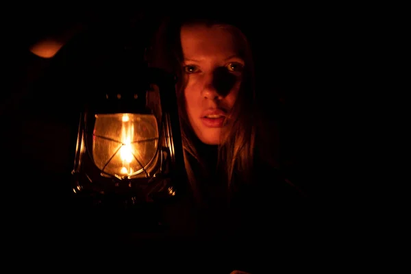 Young Ukrainian Girl Kerosene Lamp Dark Sits Home Light — 스톡 사진
