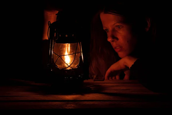 Young Ukrainian Girl Kerosene Lamp Dark Sits Home Light — Stock Photo, Image