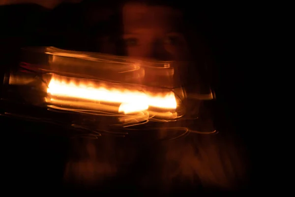 Young Ukrainian Girl Kerosene Lamp Dark Sits Home Light Long — ストック写真