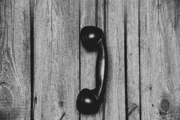 Old Telephone Black Tube Hanging Wall Cable Wooden Background Close — 스톡 사진