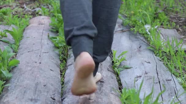 Girl Walks Wooden Board Grass Summer Sun Bare Feet Walking — Stok video