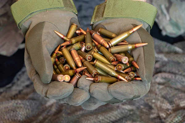 Ukrainian Soldier Gloves Holds Bullets Machine Gun Camouflage Background Weapons — Fotografia de Stock