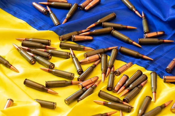 Ukrayna 'nın sarı-mavi bayrağında kurşunlar yatıyor, Ukrayna' da savaş, anavatanı savunma, silahlar, kurşun
