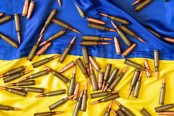 Bullets Lie Yellow Blue Flag Ukraine War Ukraine Defense Motherland — Fotografia de Stock