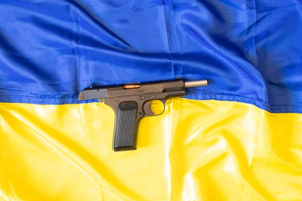 Arme Repose Sur Drapeau Jaune Bleu Ukraine Guerre Ukraine 2022 — Photo