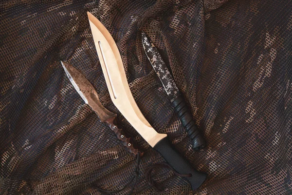 Military Knife Lies Camouflage Net Edged Weapons — Stock Fotó
