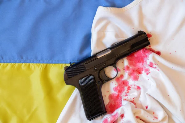 Gun Lies Bloody Female Dress Flag Ukraine War Ukraine Weapons — стоковое фото