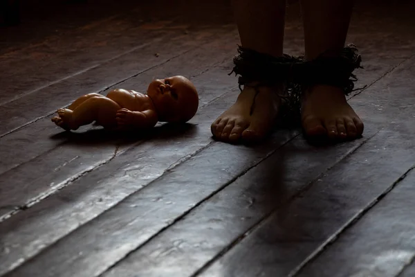 Feet Tied Rope Baby Doll Wooden Floor Dark People Slavery — Zdjęcie stockowe