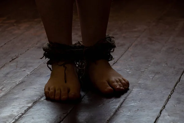Feet Tied Rope Wooden Floor Dark People Slavery Human Trafficking — Foto Stock