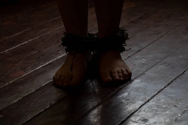 Feet Tied Rope Wooden Floor Dark People Slavery Human Trafficking — Foto de Stock