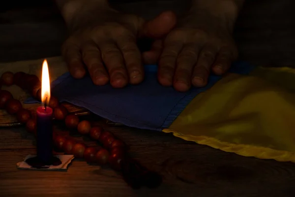 Women Hands Hold Flag Ukraine Pray Candle Country Dark Stop — стоковое фото