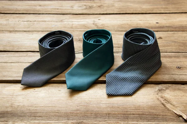 Three Blue Ties Lie Wooden Table Different Men Ties Close — Stockfoto