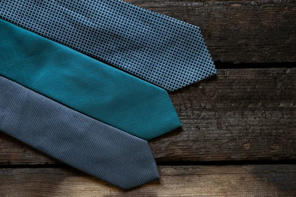 Three Blue Ties Lie Wooden Table Different Men Ties Close — Foto de Stock