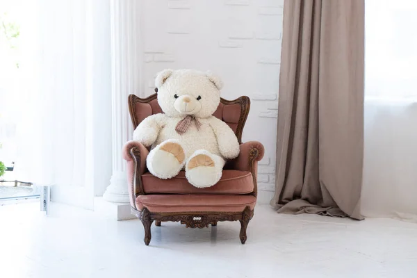 Teddy Bear Sits Armchair Apartment Room Window Children Toy Bedroom — Stock Photo, Image