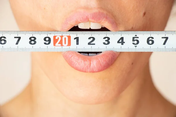 Centimeter Mouth Young Girl Close Stop Enough Eat Diet Overweight — Stock Photo, Image