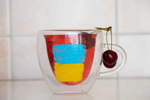 Flag Ukraine Painted Cups Cherry Compote Table Home Ukraine Cherry — Foto de Stock