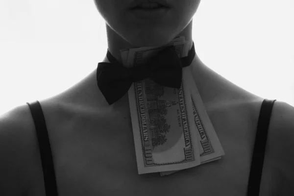 Bow Tie Girl Neck Dollars Hands Finance Gambling Bow Tie — 图库照片