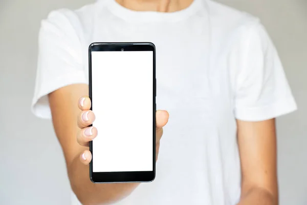 Girl Shirt White Background Her Hand Holds Mobile Phone White — Photo