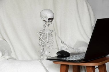 The skeleton sits on an armchair behind a laptop in an apartment, online work, overwork and stress